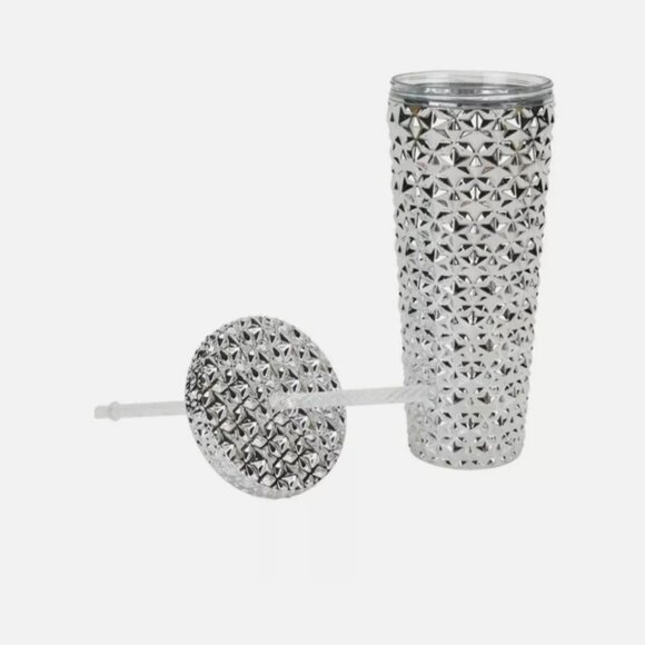 26 oz Plastic Double Wall Insulated Textured Tumbler with Straw, Silver Metallic - Picture 2 of 2